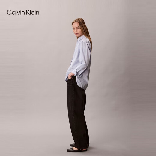 Calvin KleinJeans26 new spring and summer women's casual simple ck embroidered cotton poplin loose striped long-sleeved shirt 3T4-blue background with white stripes S