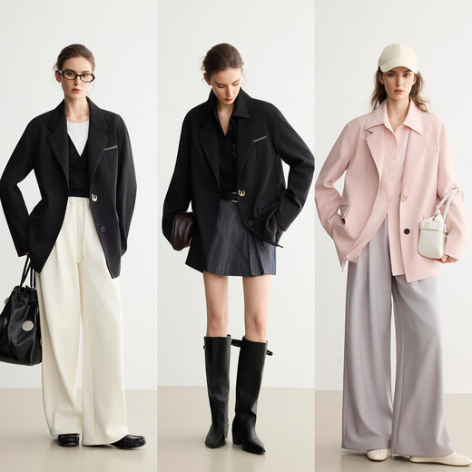 ELLE high-end silhouette loose suit jacket for women 2026 spring new fashionable contrasting color design suit black L