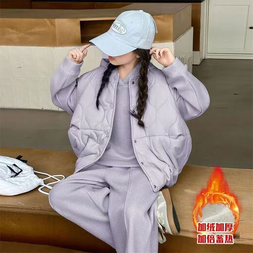 New product 2025 plus velvet and thickening for middle and large children and girls solid color western style internet celebrity Korean style loose vest and sweatshirt three-piece set wide-legged purple three-piece - vest-sweatshirt-pants 110 #