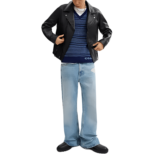 COACH SS24 solid color zipper lapel long-sleeved leather jacket for men black black S