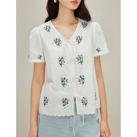 INMAN (INMAN) Inman linen cotton strap V-neck embroidered shirt 2026 spring women's new fresh short-sleeved top Pearl White XL