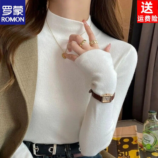 ROMON brand half turtleneck sweater for women in autumn and winter new style slim fit inner knitted top fashionable and versatile bottoming shirt apricot + white high-end bottoming shirt S recommended 80-95Jin Jin equals 0.5 kg