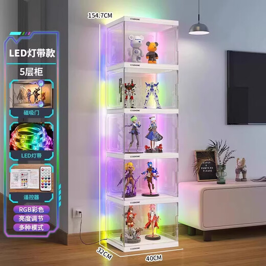 Fantasy figure display cabinet transparent storage box with light for home use UK and Hong Kong LEGO model stand LD light 5 grids (US plug-in model)