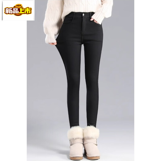 First diameter outer wear leggings for women 2026 new autumn and winter plus velvet pants for women with small feet, black thickened lamb velvet small black cotton pants, lamb velvet black trousers - button waist, no snagging, S size (weight suitable for 86-95 Jin Jin is equal to 0.5 kg)