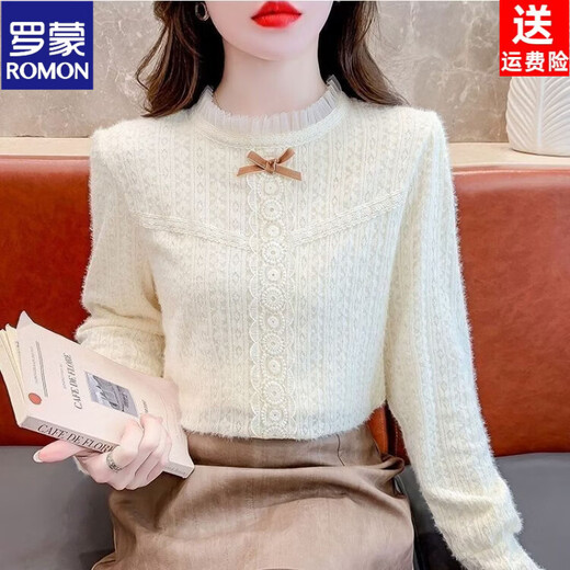 ROMON French velvet thickened lace inner bottoming shirt for women autumn and winter 2026 new style foreign style age-reducing top with high-end feel apricot plus velvet S 75-90 Jin Jin is equal to 0.5 kg