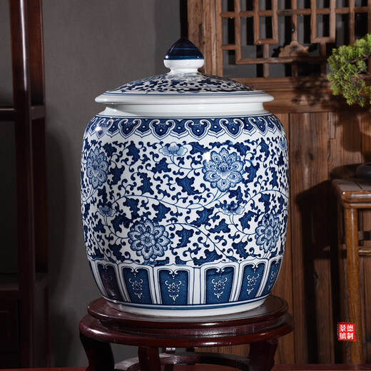 OUOETY blue and white ceramic rice vat for home use with lid 25/50 Jin Jin equals 0.5 kg, barreled and thickened moisture-proof and insect-proof rice bucket storage tank, Panzhilian 25 Jin Jin equals 0.5 kg _ Comes with base measuring cup