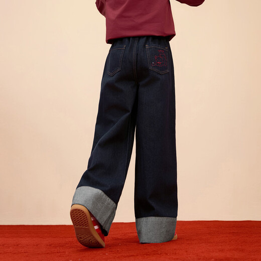 Xiaoyinman Children's Clothing Girls New Year Jeans Back Pocket Cat Embroidery 26 Spring Medium and Large Children's Loose Casual Pants Denim Black 150