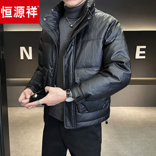恒源祥男士短款羽绒服加厚防寒pu皮立领轻薄2026新款冬季男款外套 黑色 L 【115-130斤】