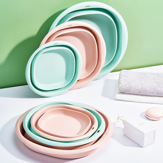 Home KATEI STORY Japanese folding basin large, medium and small three-piece set travel folding basin plastic basin dormitory home student laundry basin folding basin olive green large size 38cm free hook