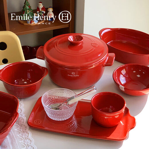 Jiyunmao French ceramic double-eared soufflé small baking bowl for air fryer, pizza baking pan, oven, retro red bowl 1000ml