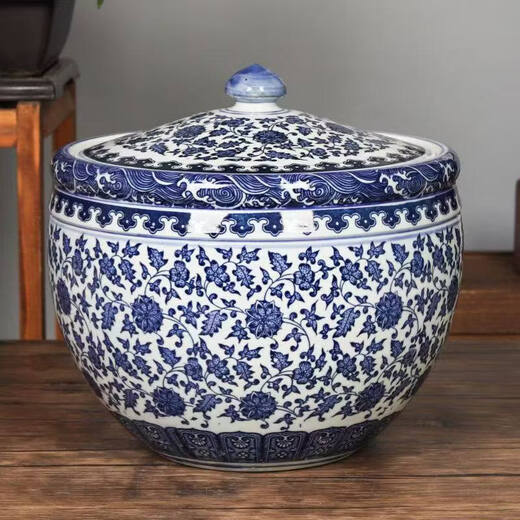 Jingyan blue and white ceramic storage jar rice wine lard salt noodles flour sealed moisture-proof grain jar with lid for pickling 18Jin Jin is equal to 0.5kg round twig lotus (height 25 width 33) comes with sealing ring