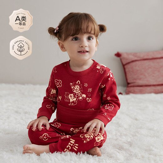 Modal boneless high-waisted children's Year of the Horse underwear, pure cotton, Lunar New Year, Autumn and Winter, New Year's baby autumn clothes and long johns set, red pajamas, high-waisted - Cute Baoli Ma 90, recommended age 1-2 years old cm