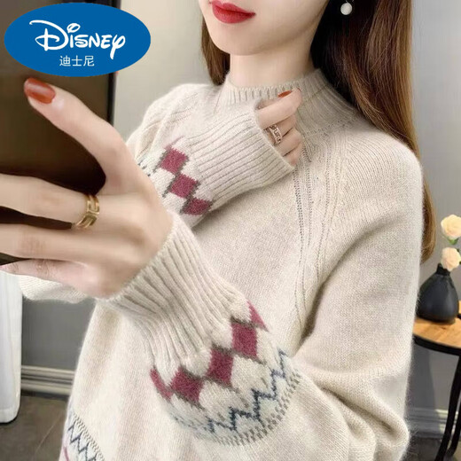 Disney Retro Half Turtleneck Sweater for Girls 2026 New Autumn and Winter Wool Sweater Loose Style Short Knitted Beige 190 3XL Recommended 140-150 Jin Jin equals 0.5 kg