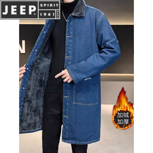 JEEP SPIRIT风衣男中长款冬季加厚加绒潮流宽松大码羊羔毛翻领牛仔大衣外套男 黑色 M