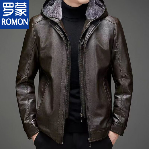 ROMON Haining Leather Men's Fur All-in-One Jacket Middle-aged and Old Sheepskin Plus Velvet Thickened Leather Jacket for Dad Black Hat Style Plus Velvet Thickened XL 180 Size 110-135Jin Jin is equal to 0.5 kg