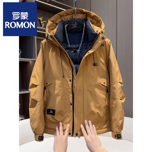 ROMON workwear down jacket men's winter thickened American style jacket duck down hooded jacket men's warm and cold-proof beige XL recommended 140-155Jin Jin equals 0.5 kg