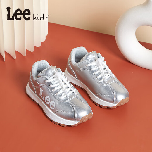 LEE KIDS children's shoes, sports shoes, men's and women's running shoes, 26 spring new running shoes, non-slip, wear-resistant casual shoes, silver, leather, four seasons, 30, inner length 19.0cm, suitable for feet 18.0-18.5cm long