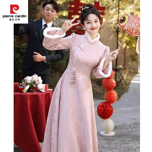 Pierre Cardin Pink Toast Wear Bridal 2025 New Chinese Engagement Dress Thickened Winter Wedding Day Casual Dress Pink 205 S Dress Size is Small Consult Customer Service to Check Size