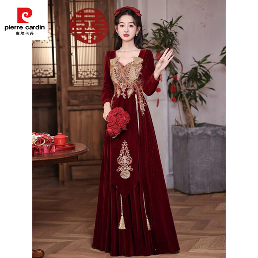 Pierre Cardin (pierre cardin) large size toast dress bride wedding burgundy long-sleeved velvet fat mm new Chinese style homecoming dress engagement dress for women spring burgundy one-size-fits-all private customization non-refundable and non-exchangeable
