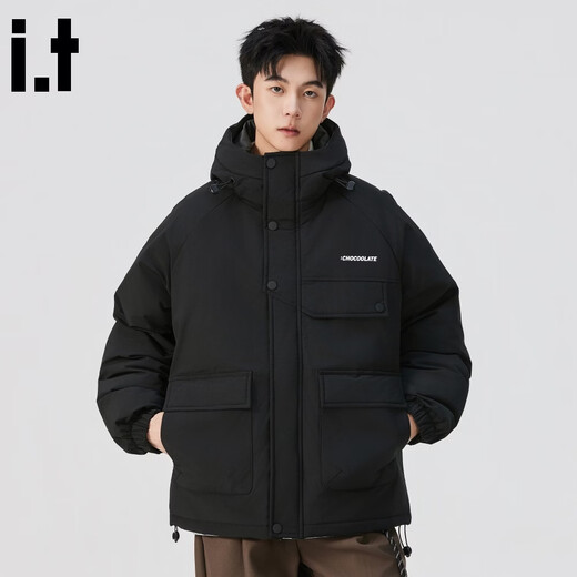 :CHOCOOLATE it潮牌高级感保暖男士羽绒服冬季加厚防寒连帽设计休闲百搭外套 黑色 M 【建议100-120斤】