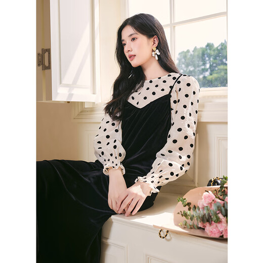 Qiushui Yiren Retro Lyocell Shirt Suspender Velvet Skirt 2025 Autumn New Women's Fashionable Versatile Suit Polka Dot XL