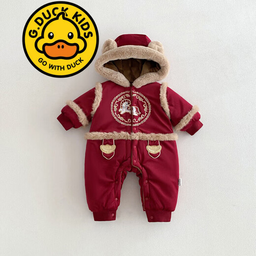 G.duck Little Yellow Duck Children's Clothes Baby New Year Clothes Plus Velvet Thickened Warm Cotton Clothes Romper Suit Winter Newborn One-piece Harness Red 73cm