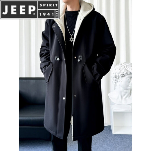 JEEP SPIRIT风衣外套男款士冬秋冬季加绒加厚羊羔毛绒棉衣棉服中长款派克大衣 黑色 常规 M 宽松版型