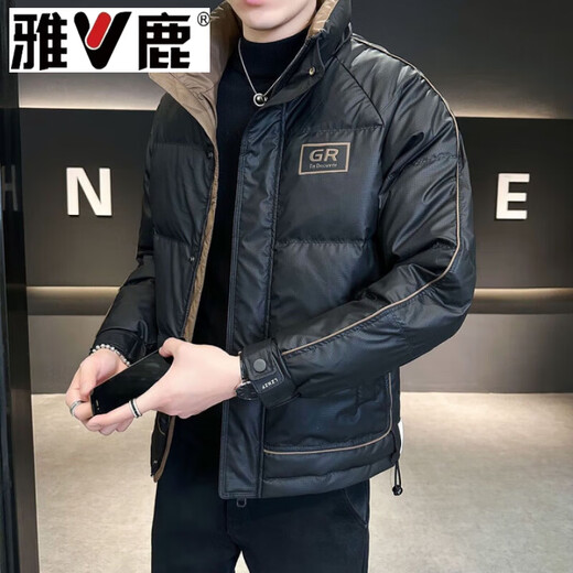 Yalu high-end down jacket men's winter 2026 new style color-blocked stand-up collar thickened warm jacket men's winter wear black black L 100-115Jin Jin equals 0.5 kg