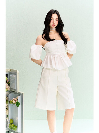 LA LUNE DU CIEL French white tube top with flower buds, waisted short-sleeved top for women, summer simple and elegant shirt, size S