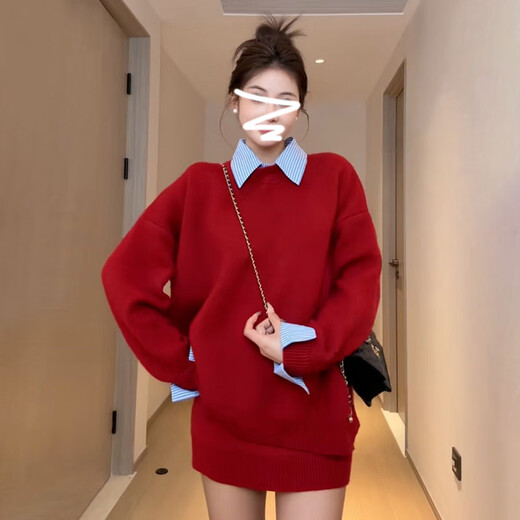 Fat Donglai's same style annual party dress for women, high-end red knitted sweater suit, skirt, autumn and winter 2026 purchasing agent, red suit + shirt, three-piece set, popular this year/a complete set ootd S 40/45kg, rich family's gold-rich outfit