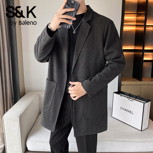 Baleno S&K series woolen coat, autumn and winter men's mid-length windbreaker, casual trendy business suit, gray jacket S