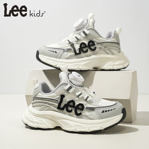 LEE KIDS2026 spring new children's sports shoes soft sole rotating button casual shoes mesh breathable running shoes dad shoes gray 26