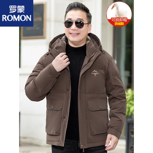 罗蒙（ROMON）2025年冬季中老年爸爸羽绒服男新款加厚连帽中年男士冬装保暖外套 咖啡色 3XL 185 适140-160斤