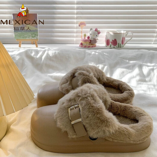 Scarecrow Genuine Leather Cashmere Plush Cotton Slippers Women's Outerwear 2026 Autumn and Winter New Thick Soled Shoes Baotou Half Slippers Beige 36