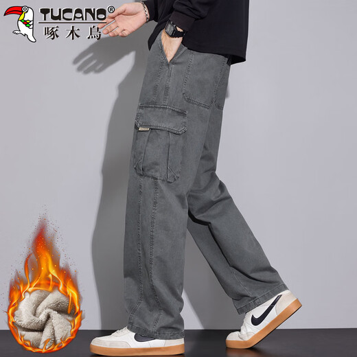 Woodpecker (TUCANO) overalls men's pants men's autumn and winter loose straight wide-leg casual pants men's trendy trousers dark gray plus velvet XL