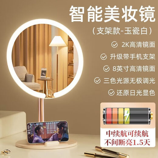 LED makeup mirror with light desktop women's fill light mirror dormitory desktop eyebrow pencil storage bucket home extra large dressing mirror white-three-color fill light alloy rotating stand mobile phone holder battery life standby 0 days - no LED light with high-definition alloy mirror