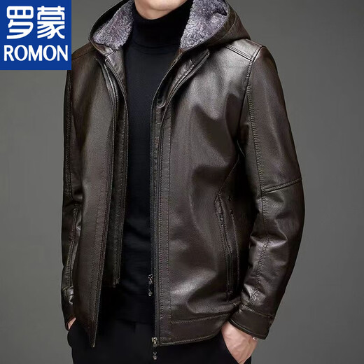 ROMON Haining Leather Men's Fur All-in-One Jacket Middle-aged and Old Sheepskin Plus Velvet Thickened Leather Jacket for Dad Black Hat Style Plus Velvet Thickened XL 180 Size 110-135Jin Jin is equal to 0.5 kg