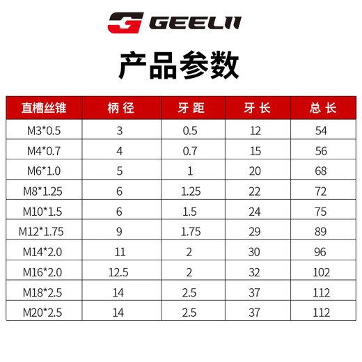 GeeLii fully ground machine tap, stainless steel special straight groove tapping M3 drill bit 19101