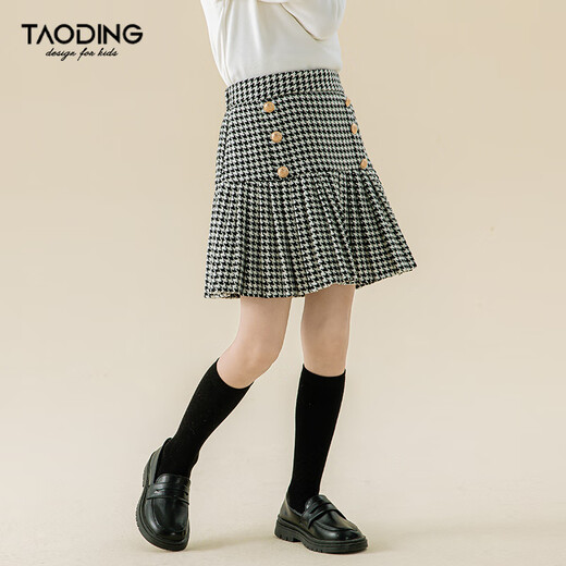 Taoding girls autumn and winter skirt Korean style plaid casual fashion pleated skirt for middle-aged and older children, versatile and trendy skirt, black and white 130