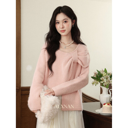 Lu Xiangnan Pink Beauty Pink Long Sleeve Sweater Women's Autumn and Winter Niche Design Fashion Knitted Top Pink S Recommended 80-100Jin Jin equals 0.5 kg