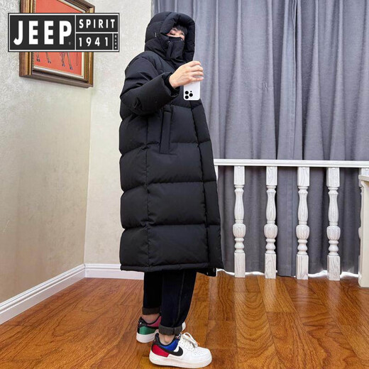 JEEP SPIRIT Jeep's new 95 down down jacket men's extended and thickened knee-length hooded women's winter clothing loose cold-resistant couple outer black XL