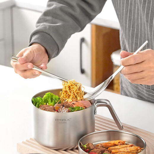 RYBACK food-grade 304 stainless steel instant noodle bowl with lid lunch box student canteen rice cooker all-steel instant noodle bowl + compartment + spoon and chopsticks