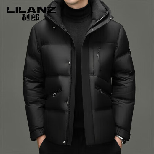 利郎（LILANZ）防寒保暖男士短款羽绒服宽松加厚面包服白鸭绒连帽工装外套潮 黑色 M