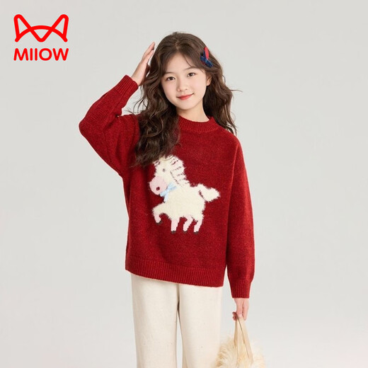 MiiOW Girls' Year of the Horse Sweater 2026 New Year Big Children's Pullover Sweater Little Girl Warm Red Knitted Sweater New Year's Eve Clothes Red 4A Anti-pilling 100 Recommended Height 90-100cm