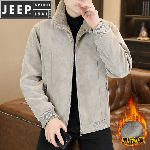 JEEP SPIRIT Зимняя кожаная куртка с меховым воротником Мужская бархатная утепленная повседневная мотоциклетная кожаная куртка Корейский стиль Модная и красивая цельная меховая куртка серого цвета 4XL