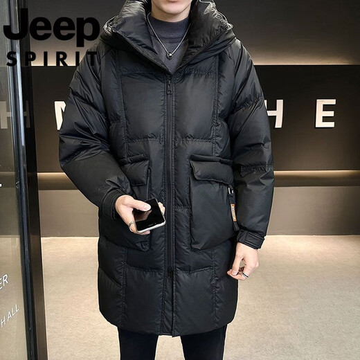 JEEP吉普国际品牌中长款羽绒服男士冬季2025新款连帽加厚宽松休闲外套 黑色 M 推荐105-125斤