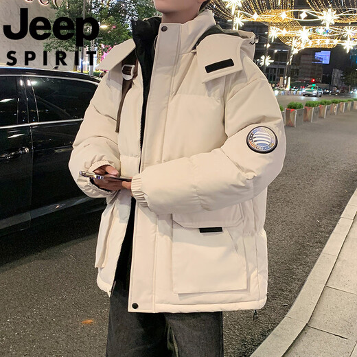 JEEP international brand hooded down jacket men's winter thickened warm cotton coat loose workwear cotton jacket off-white S recommended 90-120Jin Jin equals 0.5 kg