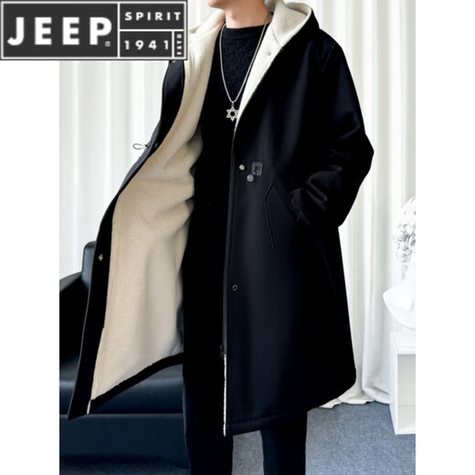 JEEP SPIRIT风衣外套男款士冬秋冬季加绒加厚羊羔毛绒棉衣棉服中长款派克大衣 黑色 常规 M 宽松版型