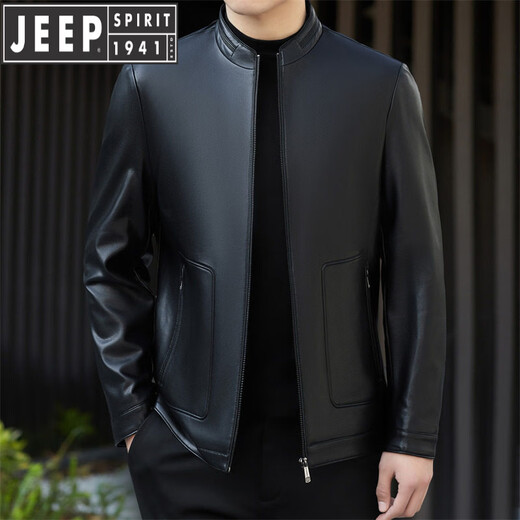 JEEP SPIRIT leather jacket business casual men's winter lapel casual daddy sheepskin jacket middle-aged short leather jacket black S 165