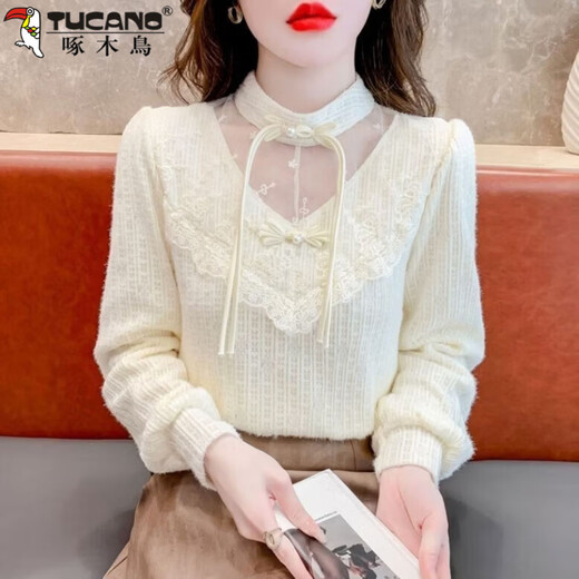 Woodpecker (TUCANO) velvet Chinese style thickened national style button-up shirt fashionable lace bottoming autumn and winter 2026 new top commuting white XL